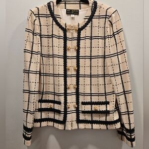 St John for Saks cream and black blazer with pearl accents
